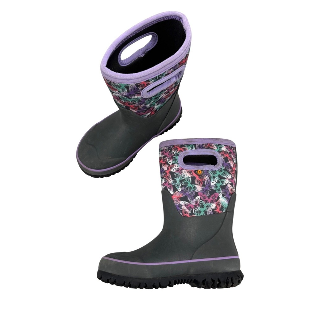 Bogs Kids Classic Grasp Butterflies Waterproof Insulated Rain Boots Gray Size 12